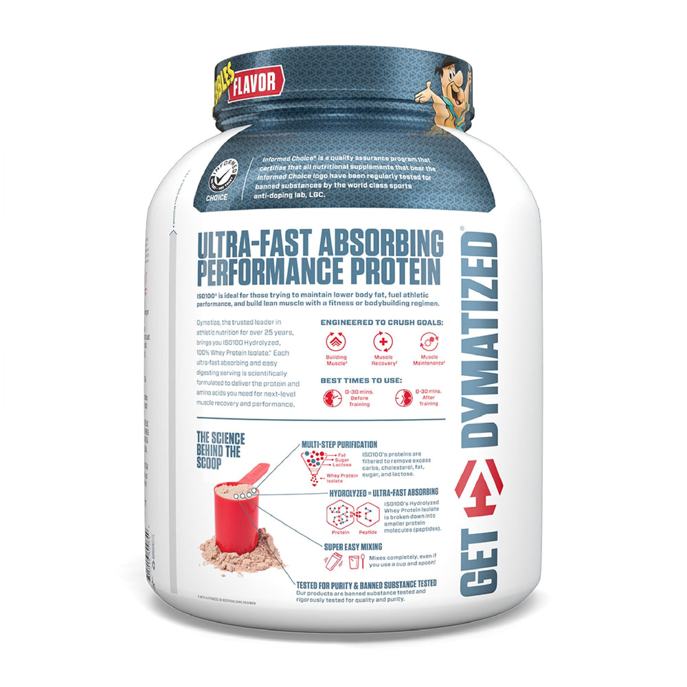 Dymatize ISO100 Pebbles Fruity Pebbles flavor in a tasty shake.