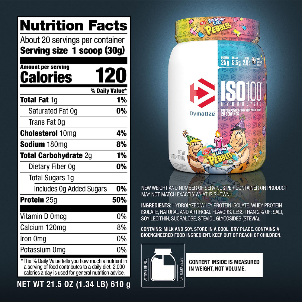 Dymatize ISO100 Birthday Cake Pebbles bottle emphasizes 20 servings for ongoing consistency