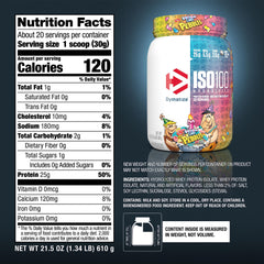 Dymatize ISO100 Birthday Cake Pebbles bottle emphasizes 20 servings for ongoing consistency