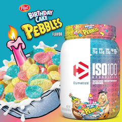 Dymatize ISO100 Birthday Cake Pebbles shake demonstrates a lean, gluten-free option
