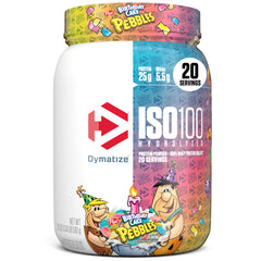 Dymatize ISO100 Birthday Cake Pebbles tub shows 25g protein per serving for recovery