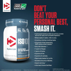 Dymatize ISO100 certification logos indicating trusted sports supplement.