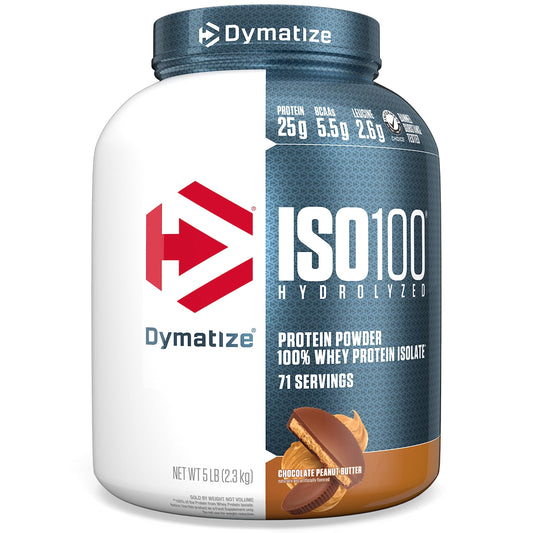 Dymatize ISO100 chocolate peanut butter tub ready for quick high protein shakes