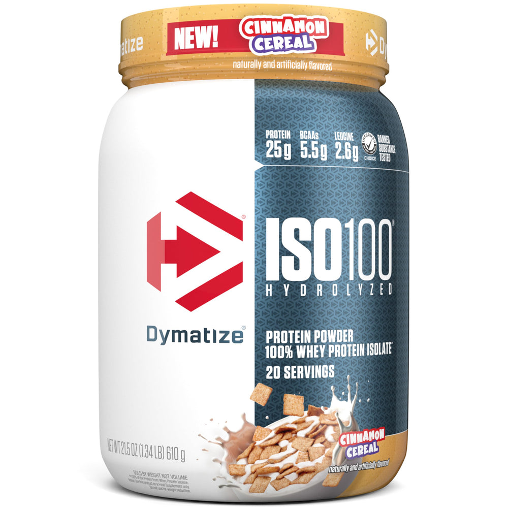 Dymatize ISO100 Cinnamon Cereal bottle for quick protein intake after workouts