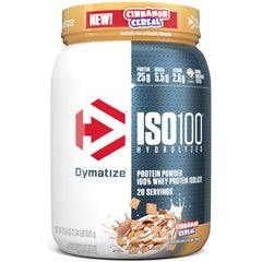 Dymatize ISO100 Cinnamon Cereal bottle for quick protein intake after workouts