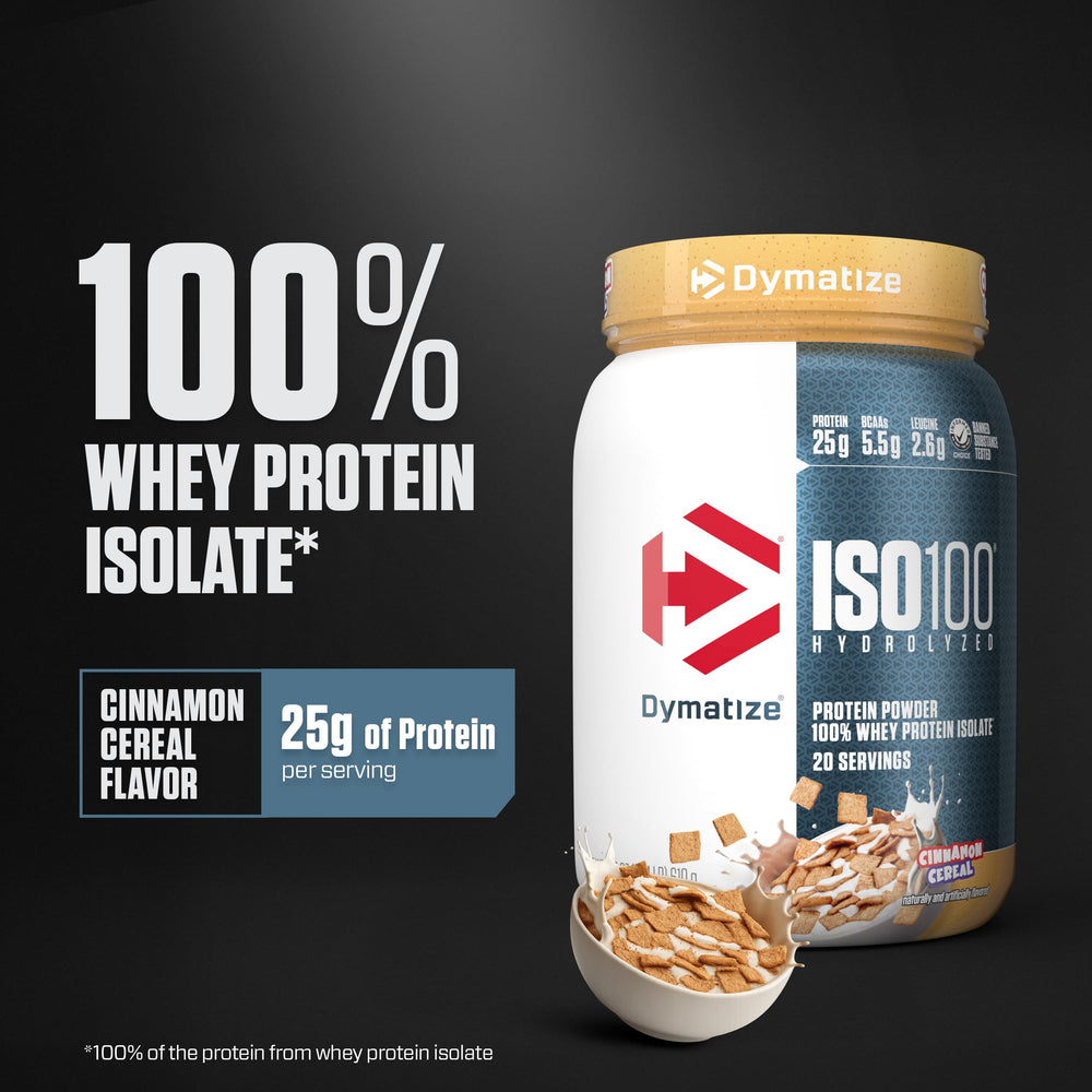 Dymatize ISO100 canister-front shows premium isolate protein for lean muscle support