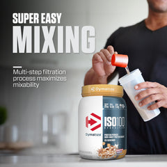 Dymatize ISO100 shake glass with Cinnamon Cereal provides a smooth protein drink