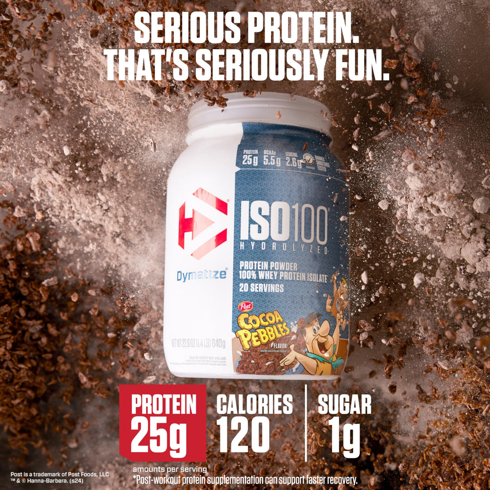 Powder texture of Dymatize ISO100 Cocoa Pebbles shows smooth mixability.