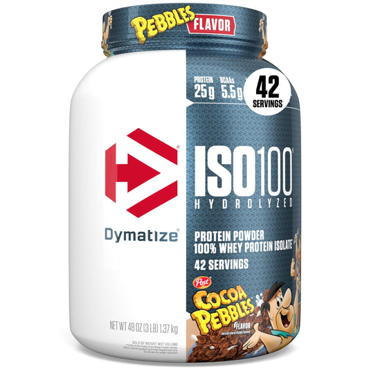 Dymatize ISO100 Cocoa Pebbles tub highlighting high-protein isolate for workouts