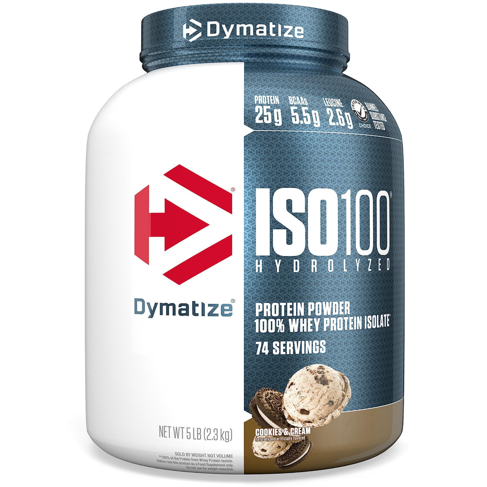 Dymatize ISO100 cookies & cream tub for premium protein support.