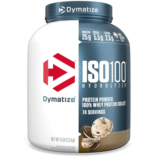 Dymatize ISO100 cookies & cream tub for premium protein support.
