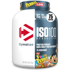 Dymatize ISO100 Fruity Pebbles bottle highlights gluten-free protein option.