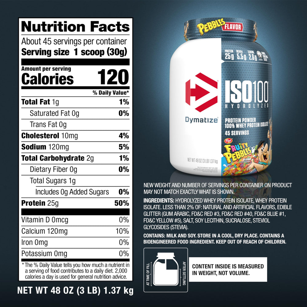 Close-up texture of ISO100 Fruity Pebbles protein for fast absorption.
