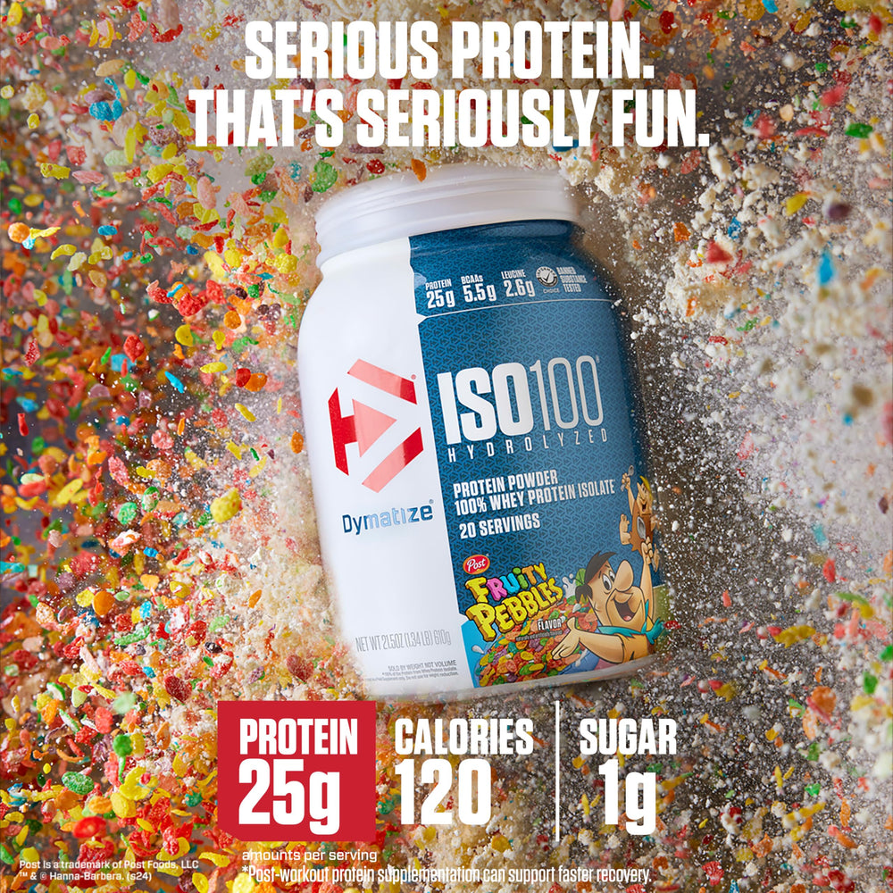 Pouring Dymatize ISO100 Fruity Pebbles to reveal fast-digesting protein.
