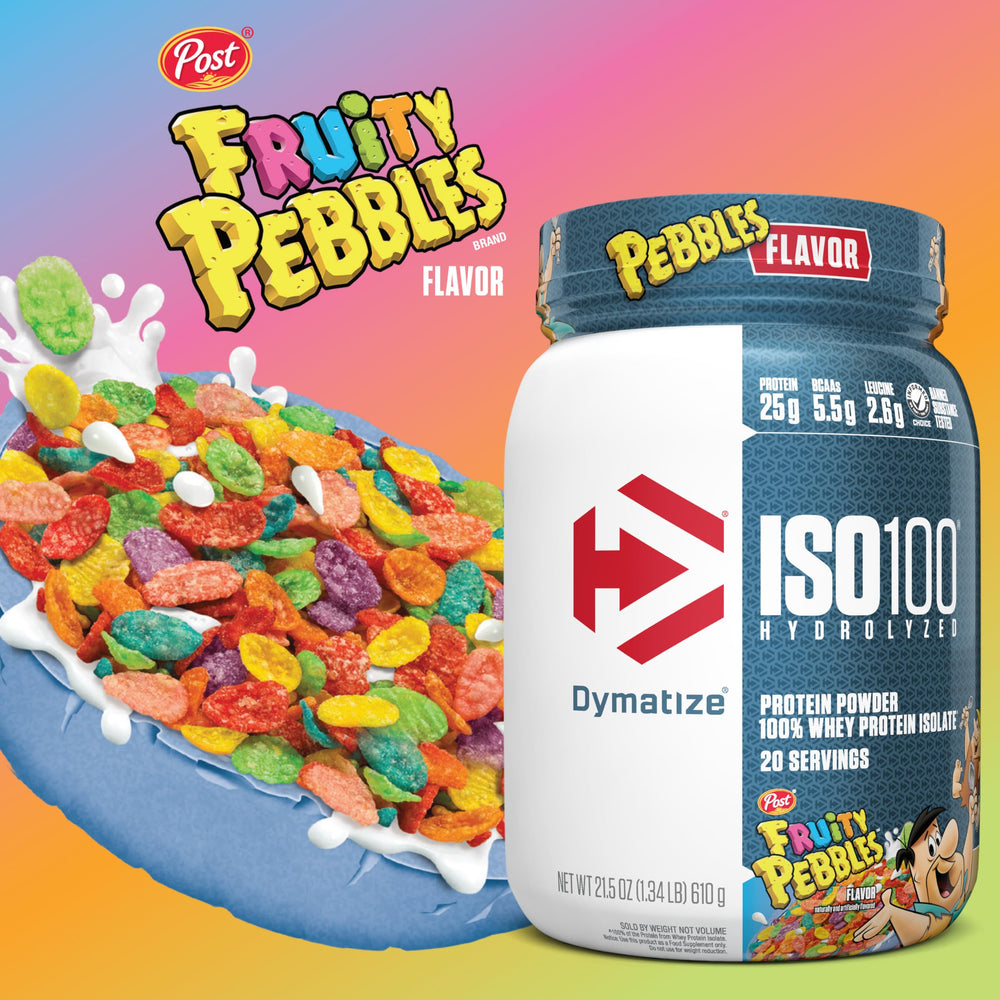 Iso100 Fruity Pebbles tub label close-up highlighting clean macros.