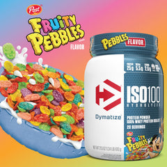 Iso100 Fruity Pebbles tub label close-up highlighting clean macros.