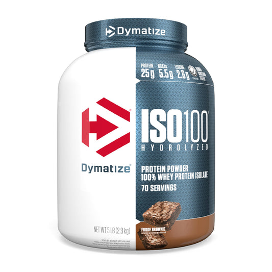Dymatize ISO100 fudge brownie tub with scoop for quick, high-protein fueling.
