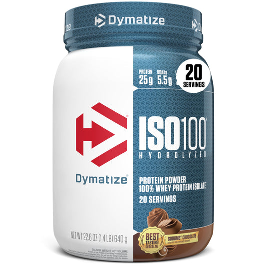 Dymatize ISO100 Gourmet Chocolate bottle highlights fast-absorbing protein for post-workout fueling.