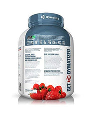 Dymatize ISO100 strawberry tub back with nutrition panel and low sugar profile.