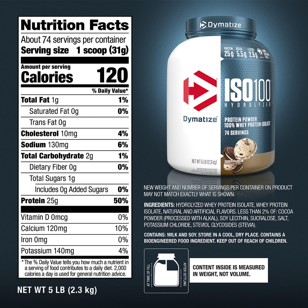 Dymatize ISO100 made-in-USA label signals quality and purity.