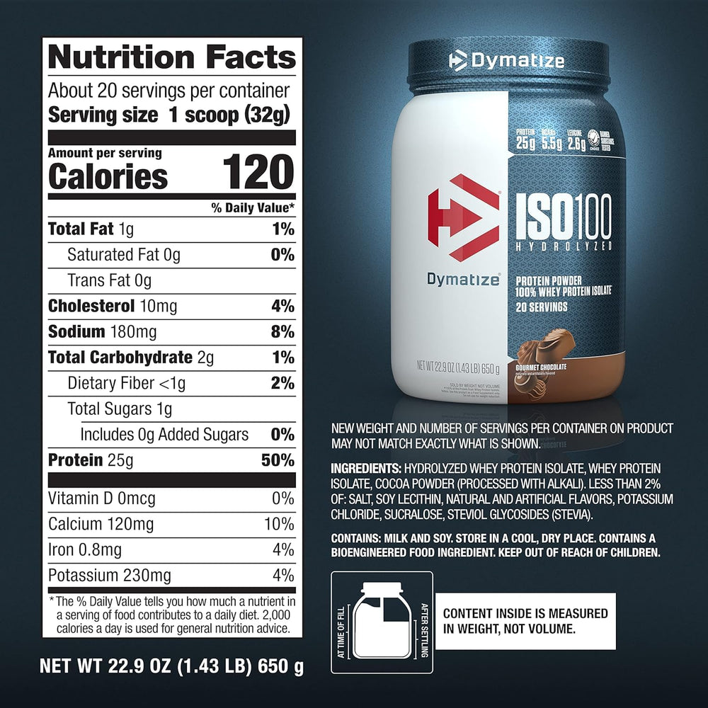 Dymatize ISO100 made in USA seal signaling quality standards.