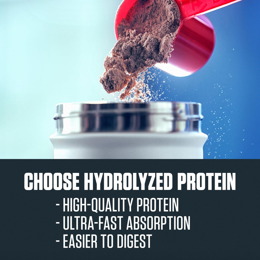 Dymatize ISO100 scoop on wood highlights 25g protein per serving.
