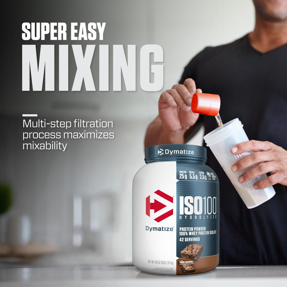Dymatize ISO100 shake in a glass after a workout