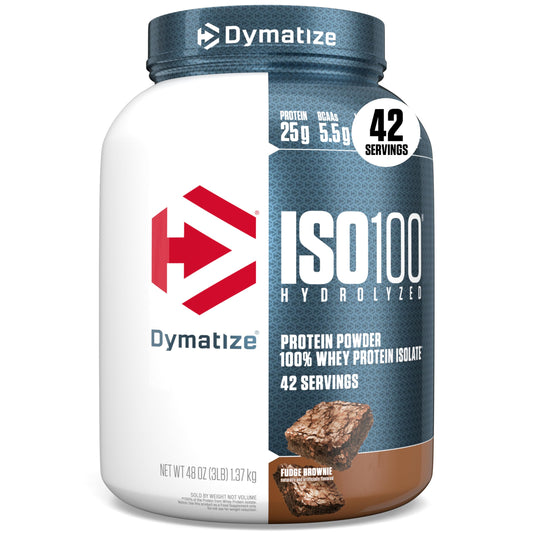 Dymatize ISO100 tub front showing the fudge brownie protein powder for fast absorption