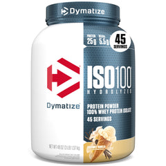 Dymatize ISO100 vanilla whey protein bottle highlighting premium protein for quick recovery.