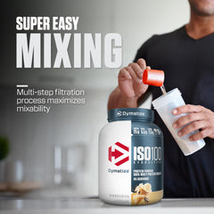 Dymatize ISO100 vanilla label emphasizes purity and processed filtration.