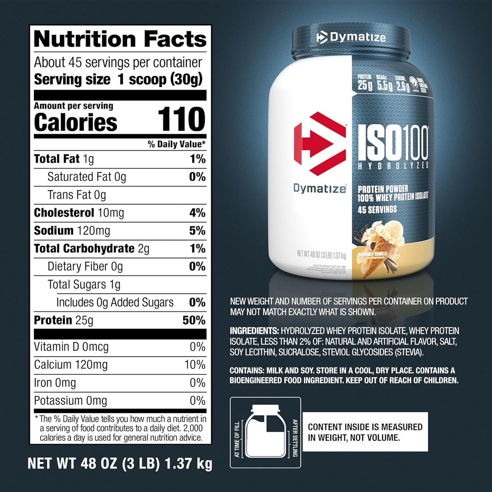 Dymatize ISO100 vanilla packaging highlights servings and macros.
