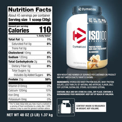 Dymatize ISO100 vanilla packaging highlights servings and macros.