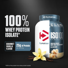 Dymatize ISO100 vanilla scoop beside powder for fast digestion in workouts.