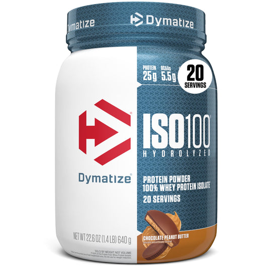 Dymatize ISO100 pour shows a quick post-workout protein shake with chocolate peanut butter flavor