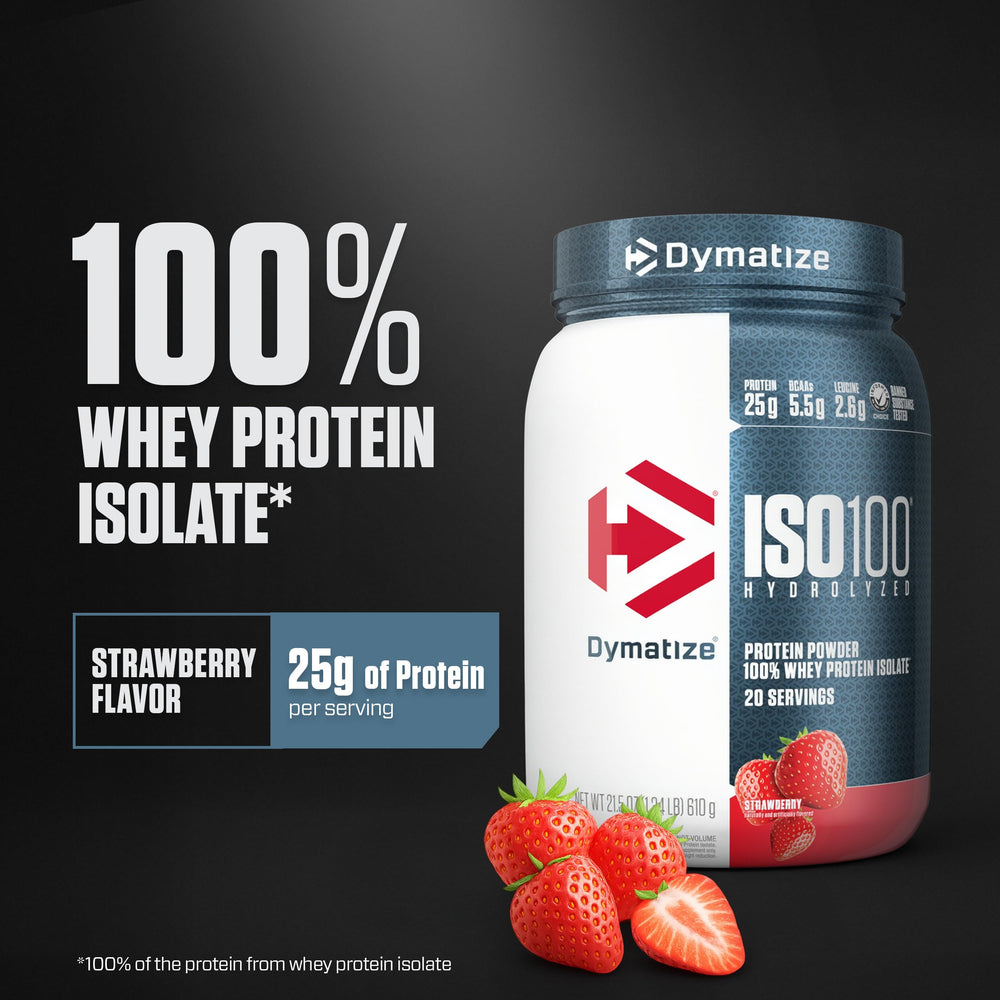Dymatize ISO100 Strawberry powder serving scoop highlights convenient, ready-to-mix protein on the go