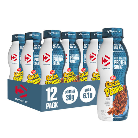 Dymatize Performance Protein Shake Cocoa Pebbles bottle ready after workout