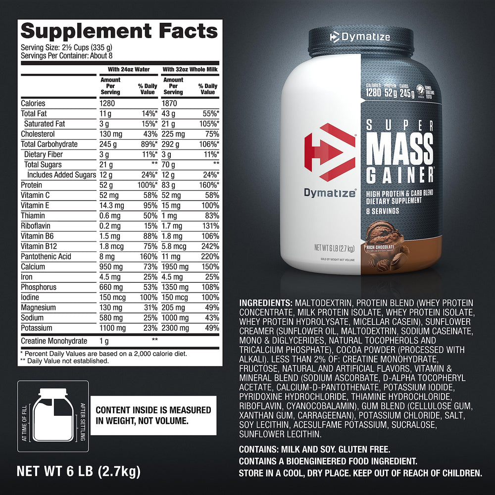 Dymatize Super Mass Gainer delivers 10.7g BCAAs per serving for recovery support.