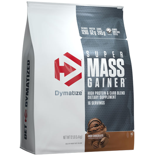 Dymatize Super Mass Gainer chocolate tub front shows high-calorie protein blend.