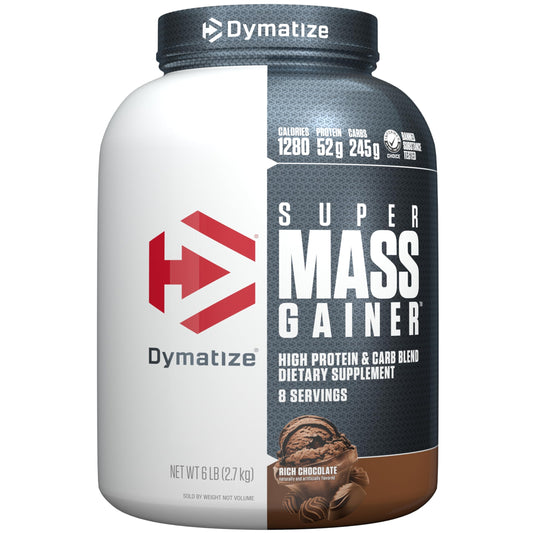 Dymatize Super Mass Gainer chocolate tub supports high-protein mass building.
