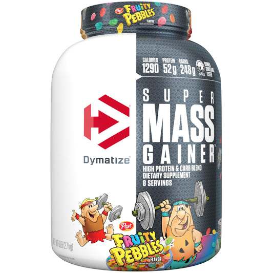 Dymatize Super Mass Gainer Fruity Pebbles tub highlighting high-calorie fueling for growth