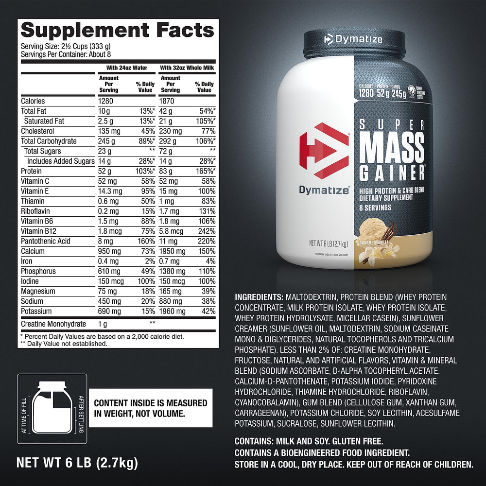 Dymatize Super Mass Gainer powder close-up shows whey and casein blend