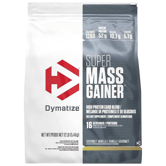 Dymatize Super Mass Gainer bottle in gourmet vanilla flavor for mass support