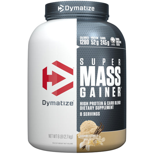 Dymatize Super Mass Gainer vanilla tub showing high protein formula for muscle support