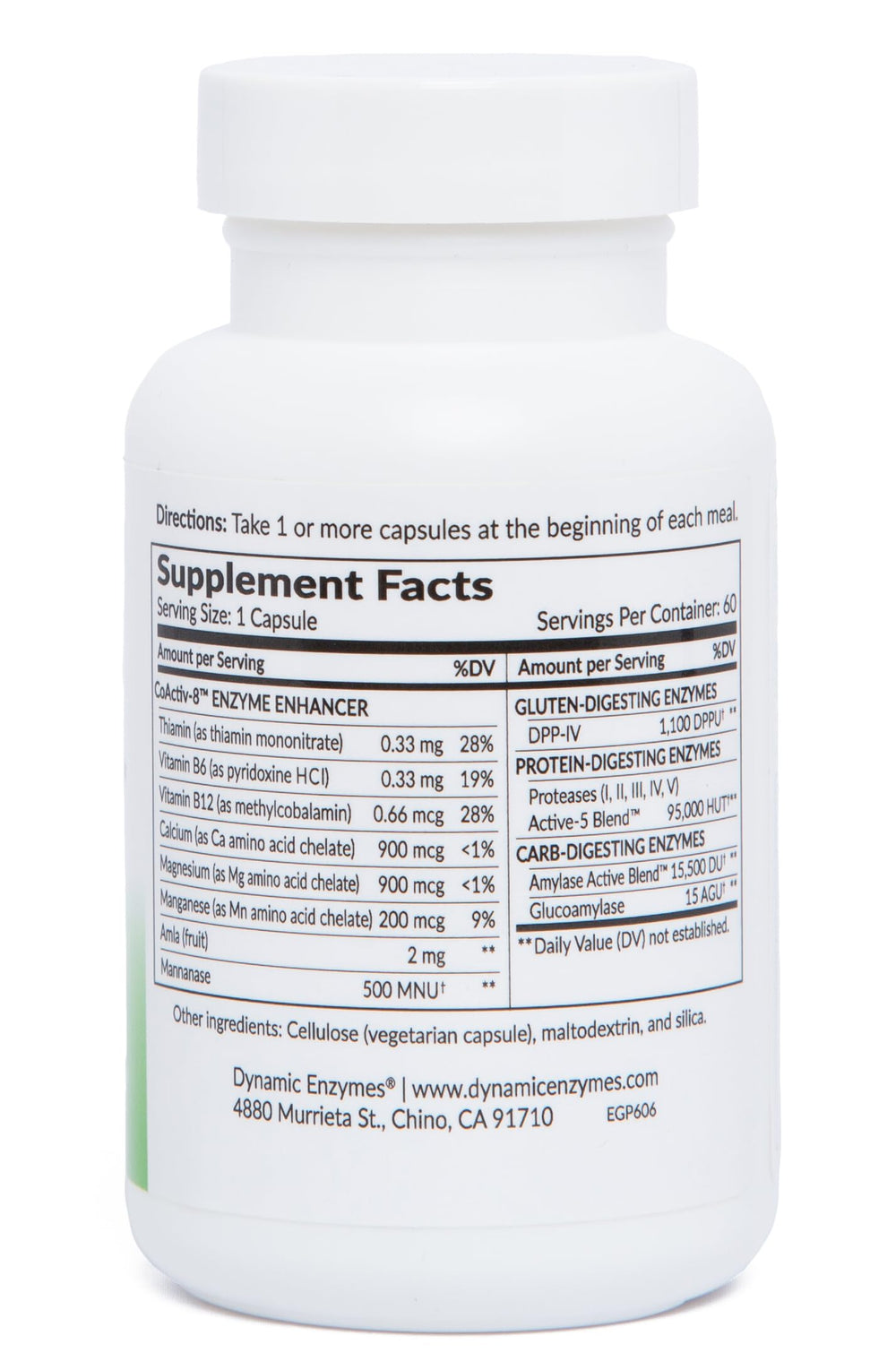 Dynamic Enzymes Gluten Plus label close-up showing DPP-IV enzymatic support.