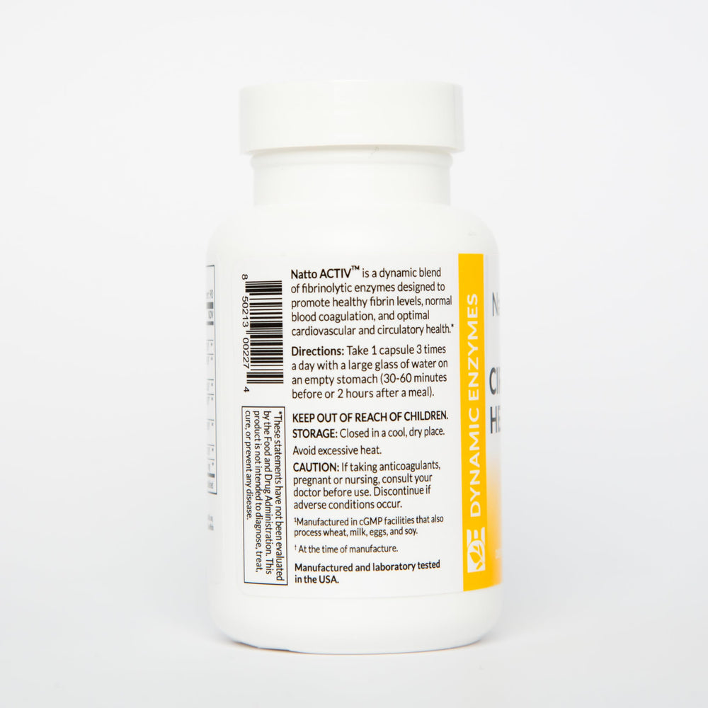 Dynamic Enzymes Natto ACTIV label highlights nattokinase, serrapeptase and bromelain.