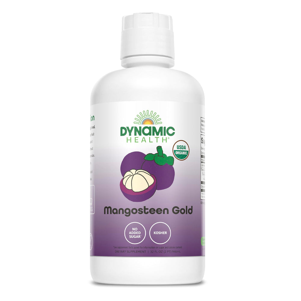 Dynamic Health Mangosteen Gold bottle pouring, showcasing antioxidant-rich juice for daily wellness rituals.