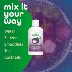 Dynamic Health Mangosteen Gold glass juice display suggesting refreshing, versatile use.