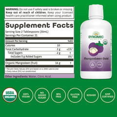 Dynamic Health Mangosteen Gold label closeup emphasizing organic, gluten-free, vegan ingredients.