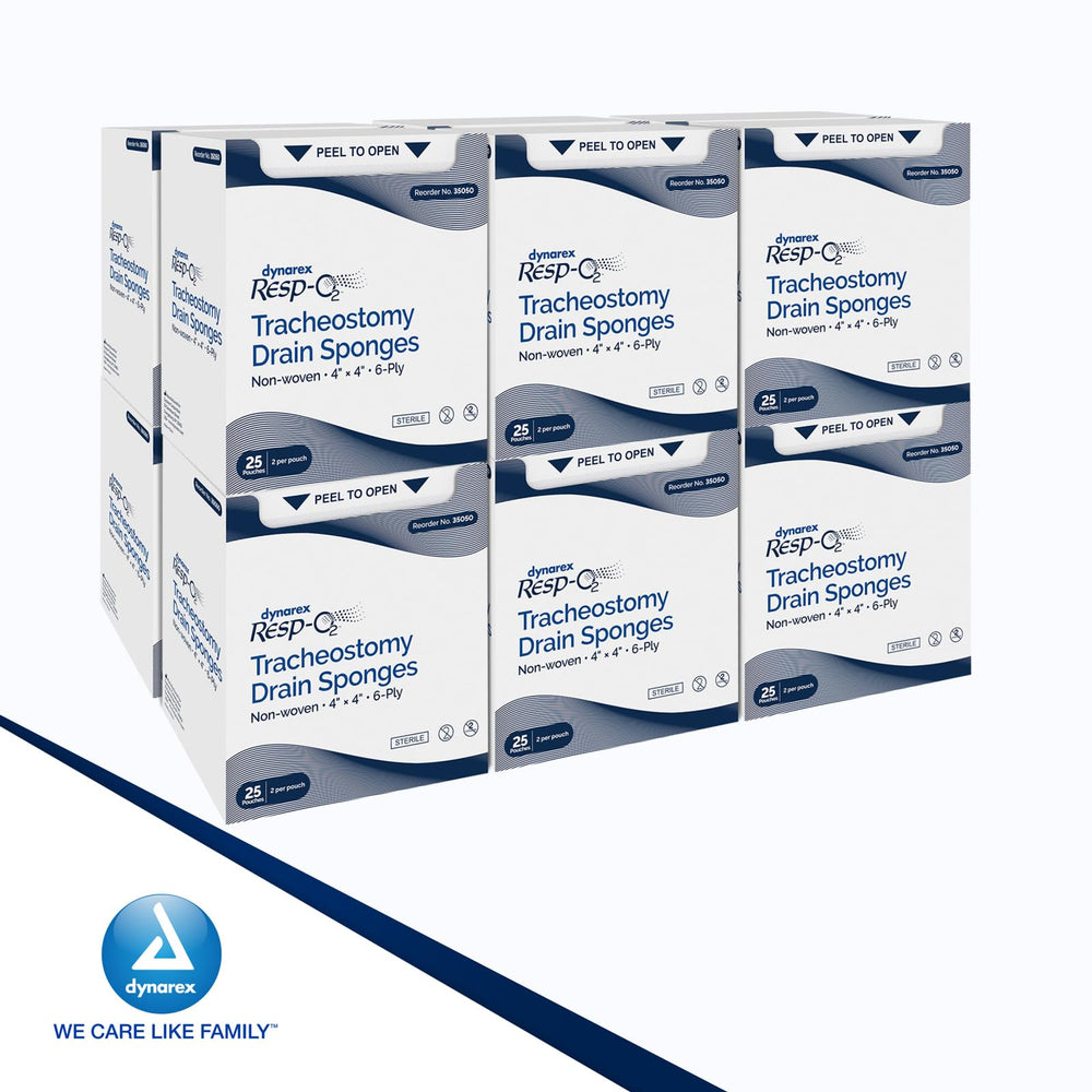 Non-woven Dynarex 6-ply sponge provides robust absorption and skin-friendly texture.