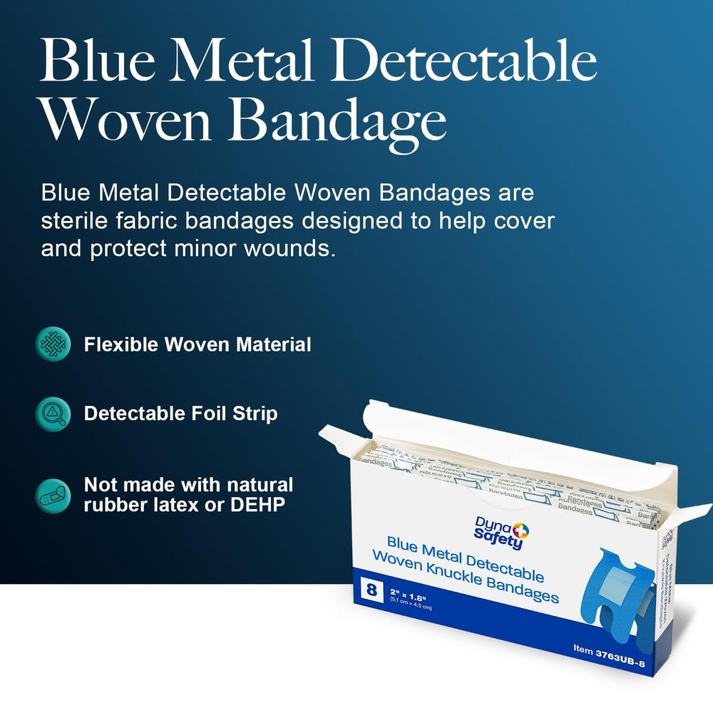 Dynarex blue bandages on skin provide high visibility for quick spotting.